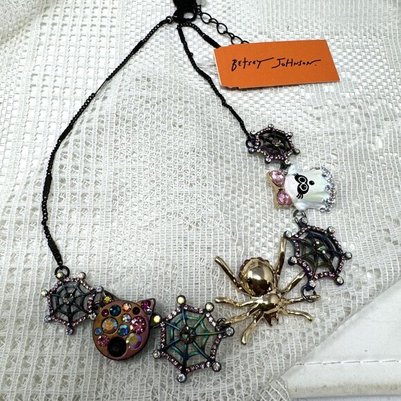 Betsey Johnson Halloween Spider Web Necklace With Ghost & Jewels - Picture 6 of 8